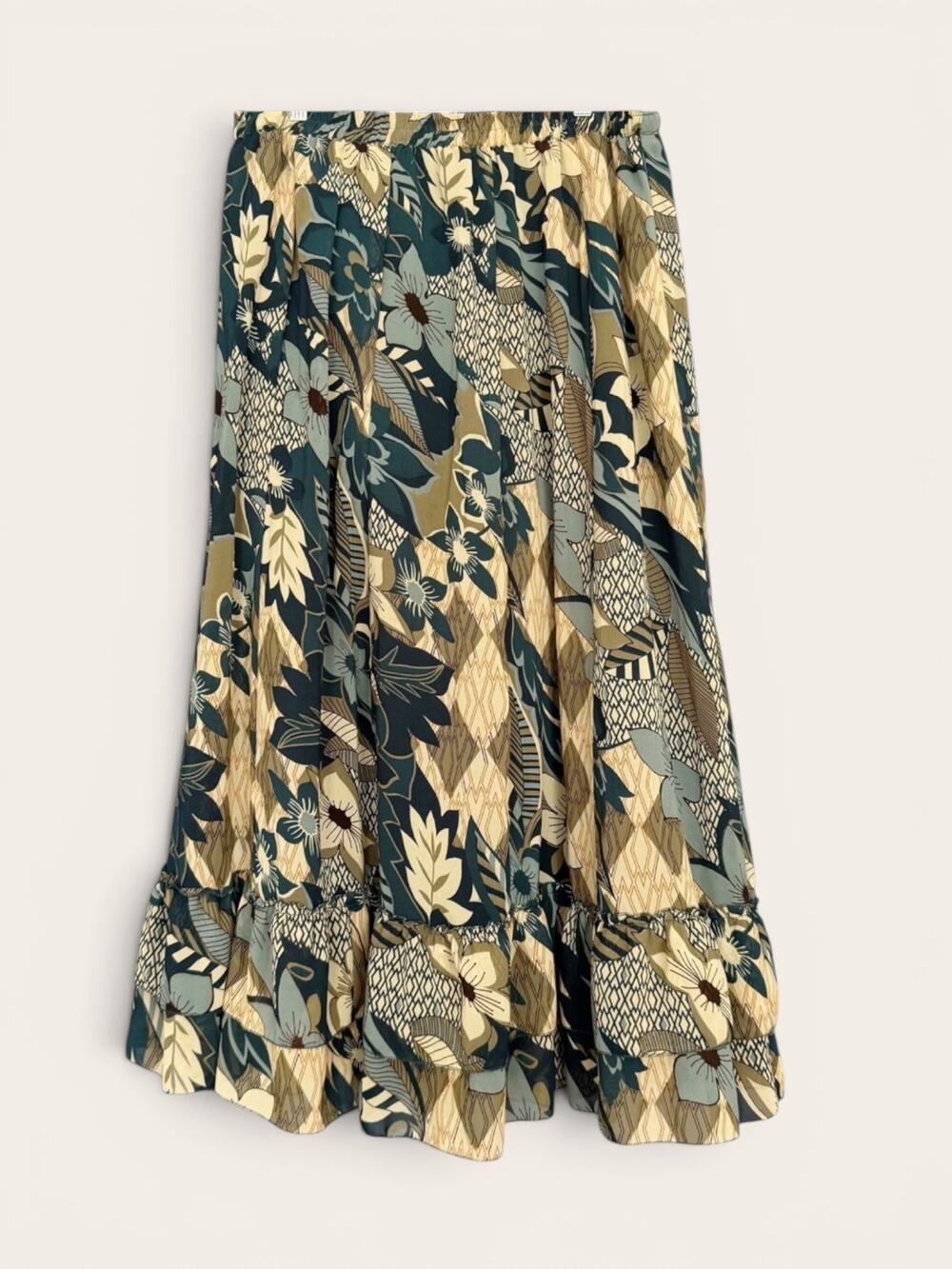 Blue Green Floral Ruffle Midi Skirt Boho Botanical Print